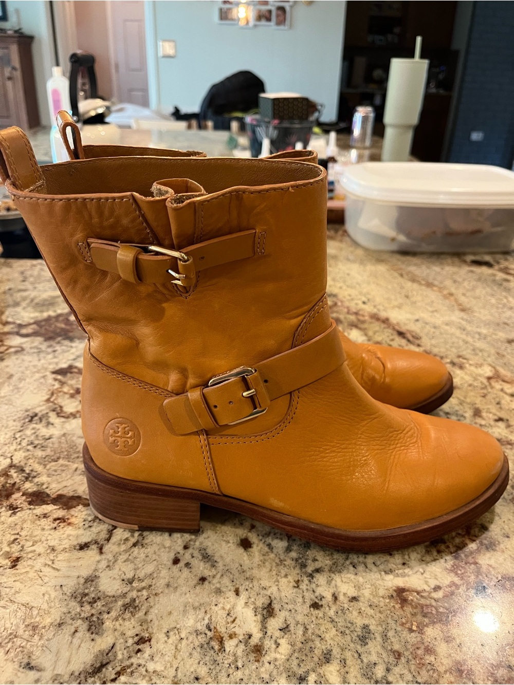 Tory Burch Tan Leather Buckle Ankle Boots
